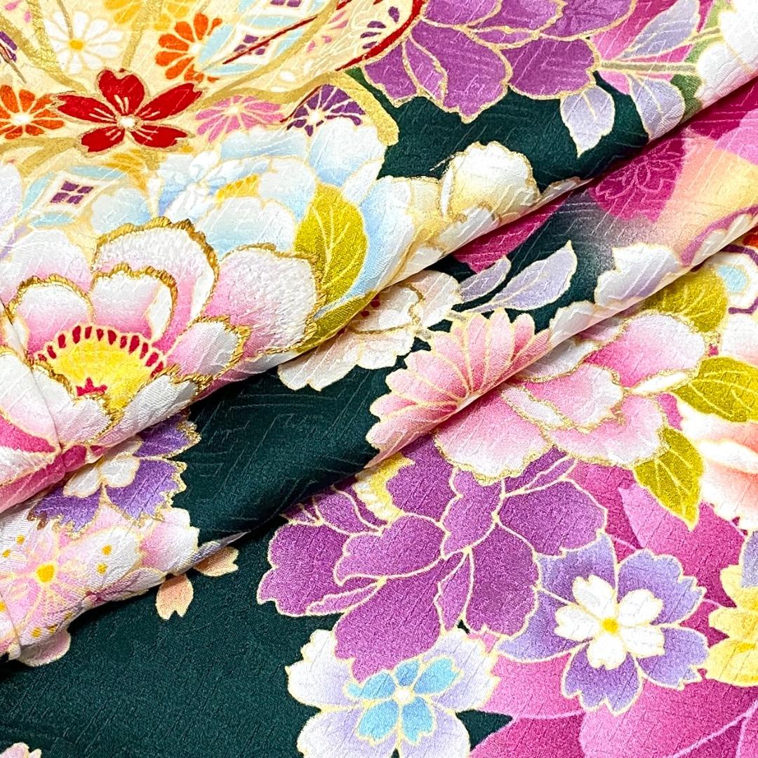 ⭐︎K0690 正絹 振袖 レンタル店放出品 緑 ガード加工 花柄 13号