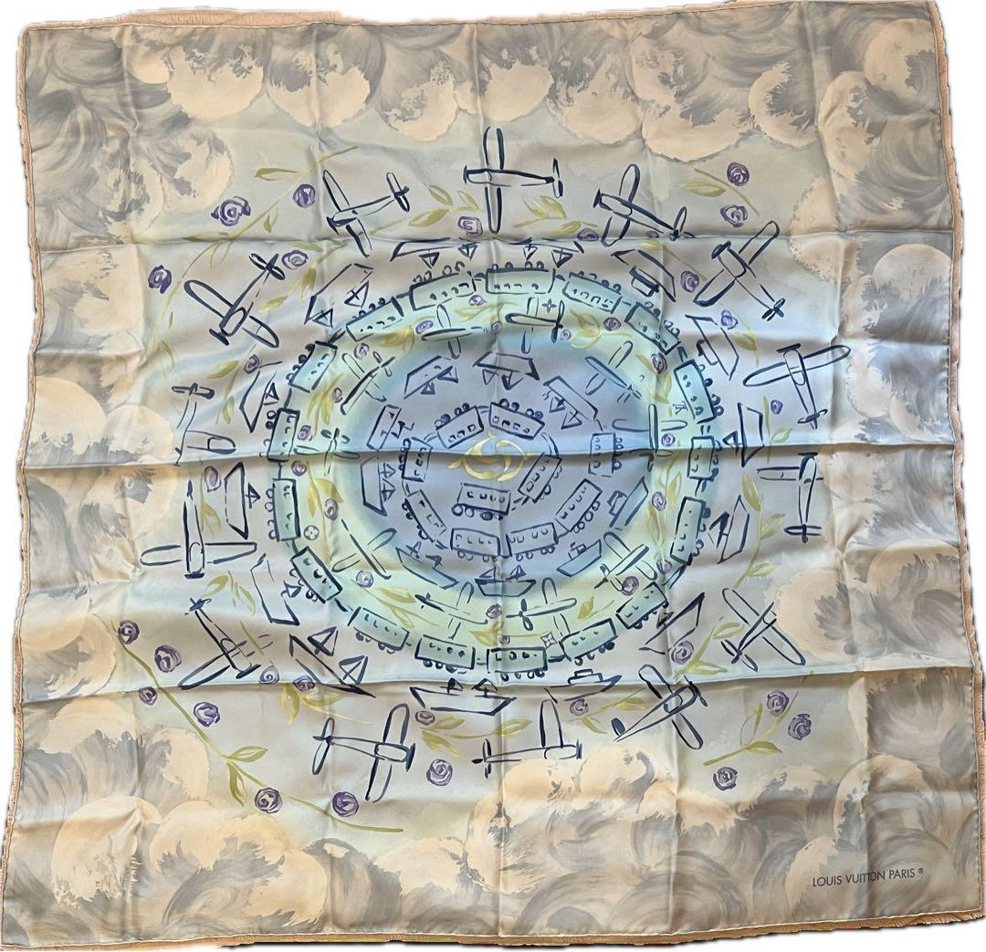 LOUIS VUITTON ヴィトン シルク大判スカーフ 水色 乗り物 箱あり