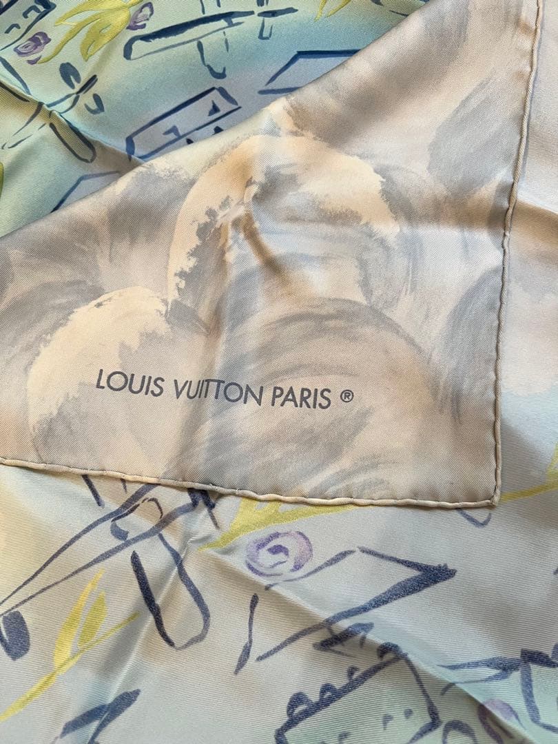 LOUIS VUITTON ヴィトン シルク大判スカーフ 水色 乗り物 箱あり