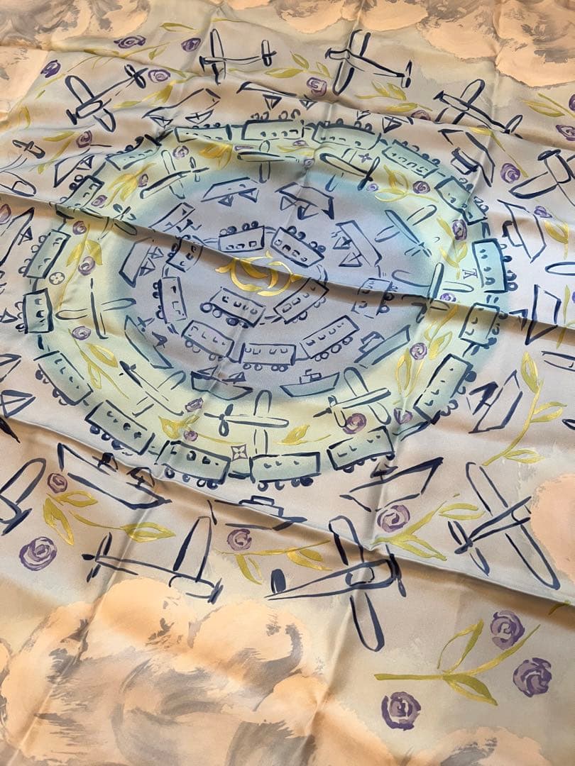 LOUIS VUITTON ヴィトン シルク大判スカーフ 水色 乗り物 箱あり