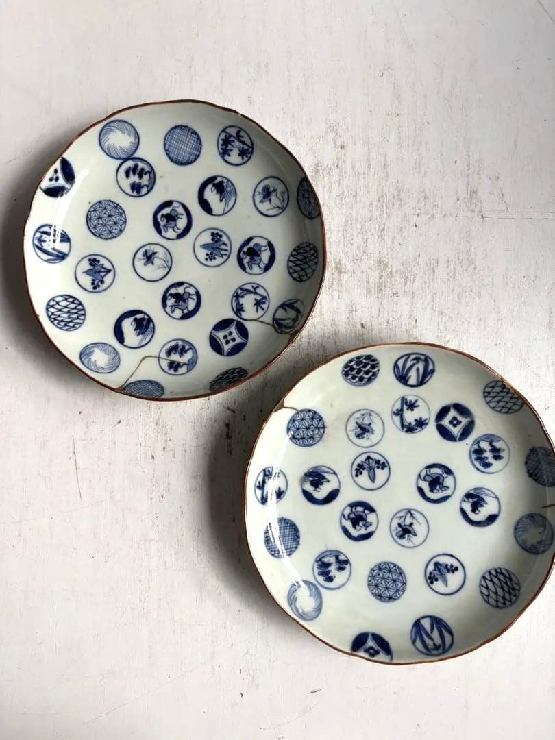 679 骨董 古伊万里 太明成化年製 丸紋染付5寸皿 2点組 幕末 金継ぎ