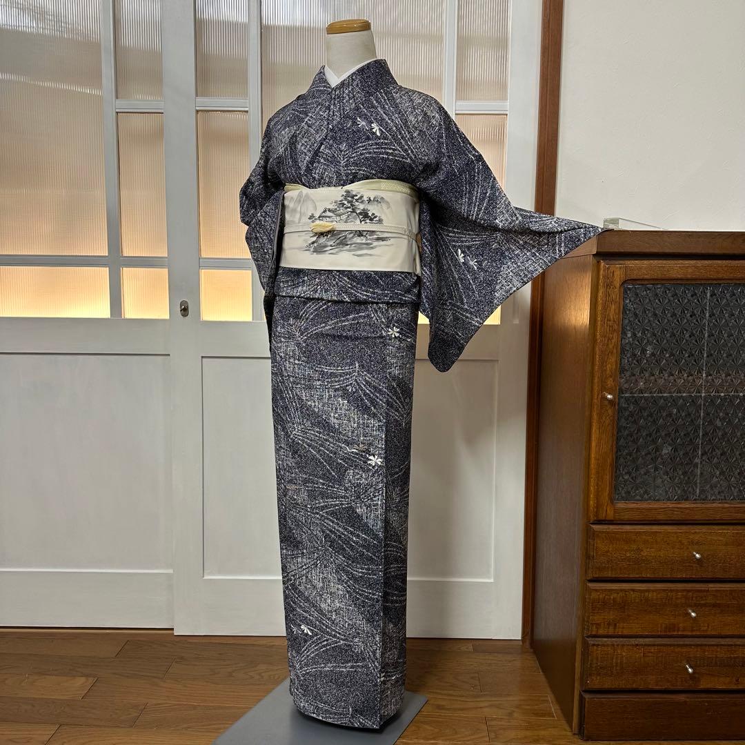 ち*こ様 小紋　袷　正絹　東京ますいわ屋　紺藍色×白　菊　幾何学　身丈165裄6