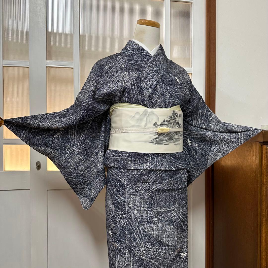 ち*こ様 小紋　袷　正絹　東京ますいわ屋　紺藍色×白　菊　幾何学　身丈165裄6