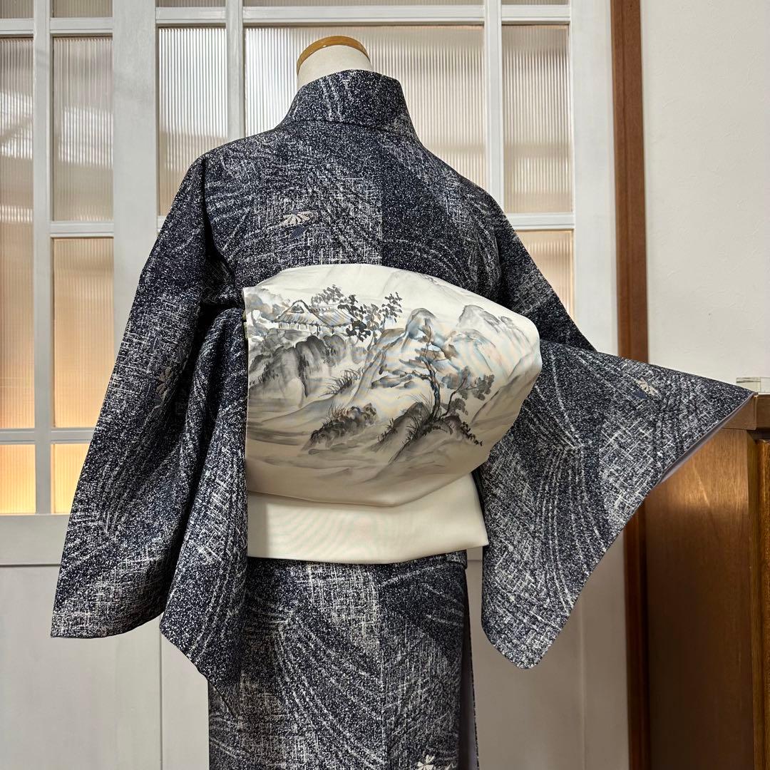 ち*こ様 小紋　袷　正絹　東京ますいわ屋　紺藍色×白　菊　幾何学　身丈165裄6