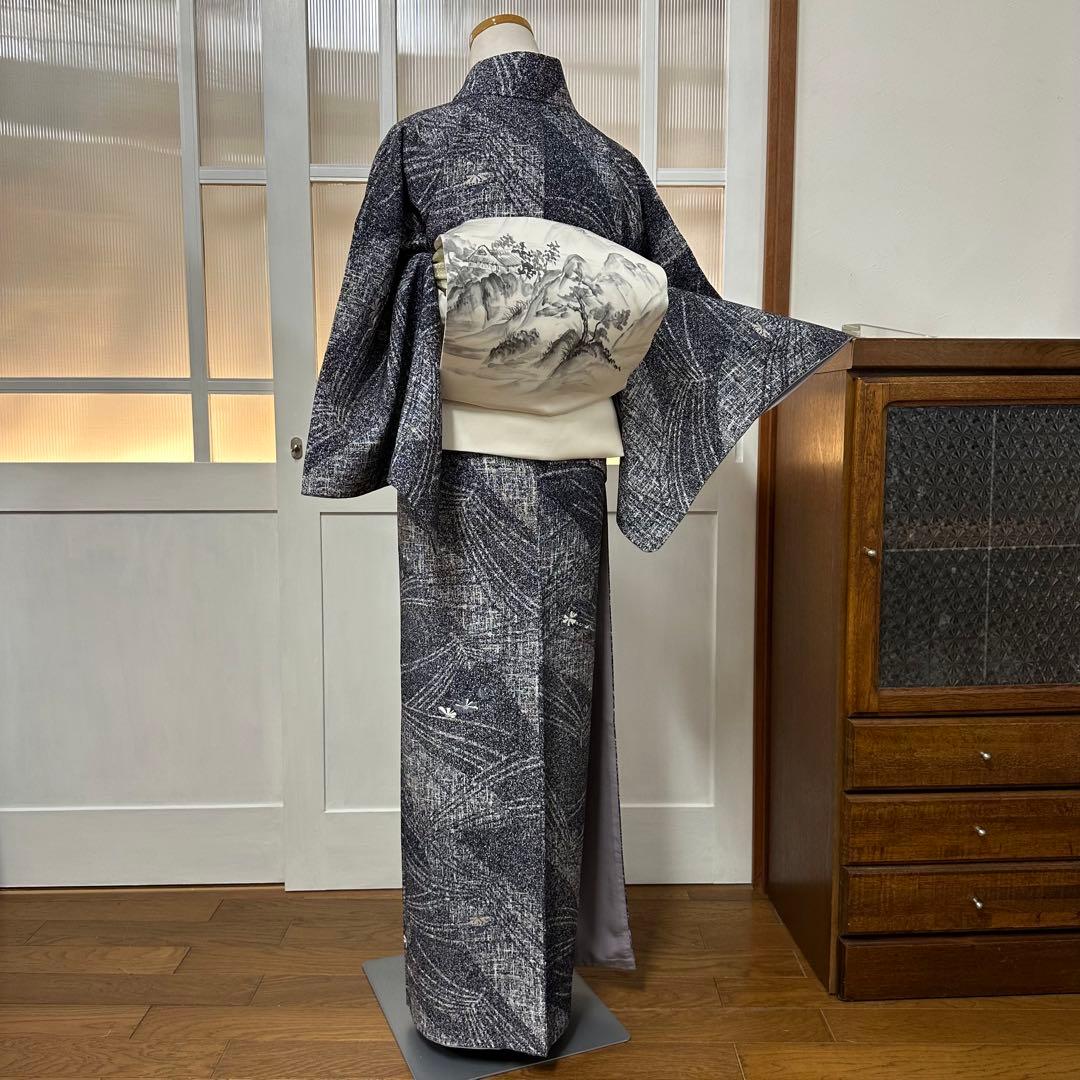 ち*こ様 小紋　袷　正絹　東京ますいわ屋　紺藍色×白　菊　幾何学　身丈165裄6