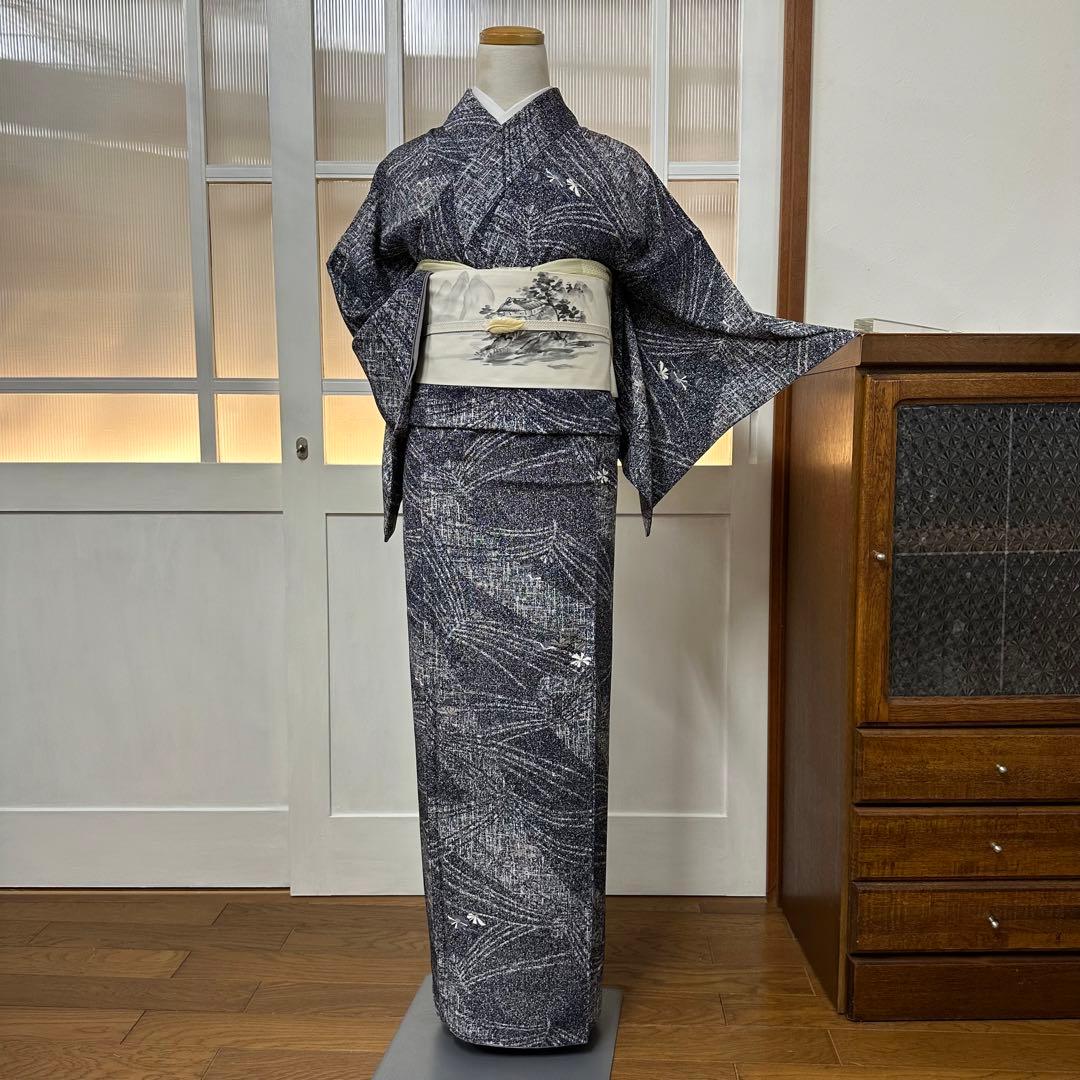 ち*こ様 小紋　袷　正絹　東京ますいわ屋　紺藍色×白　菊　幾何学　身丈165裄6