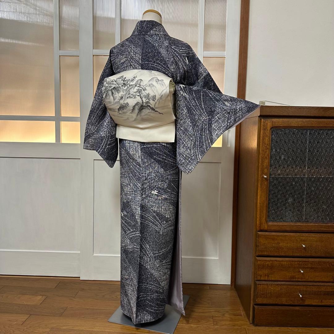 ち*こ様 小紋　袷　正絹　東京ますいわ屋　紺藍色×白　菊　幾何学　身丈165裄6