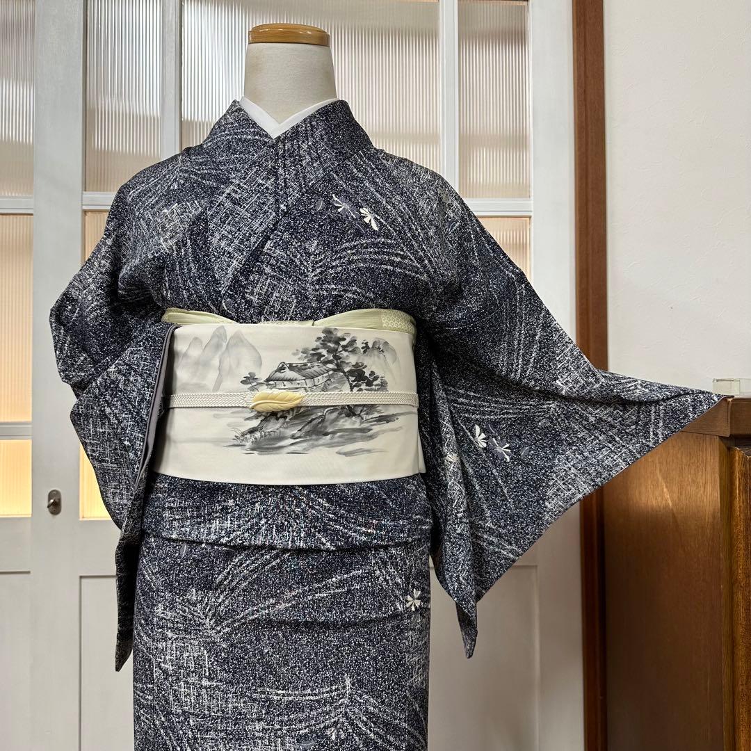 ち*こ様 小紋　袷　正絹　東京ますいわ屋　紺藍色×白　菊　幾何学　身丈165裄6