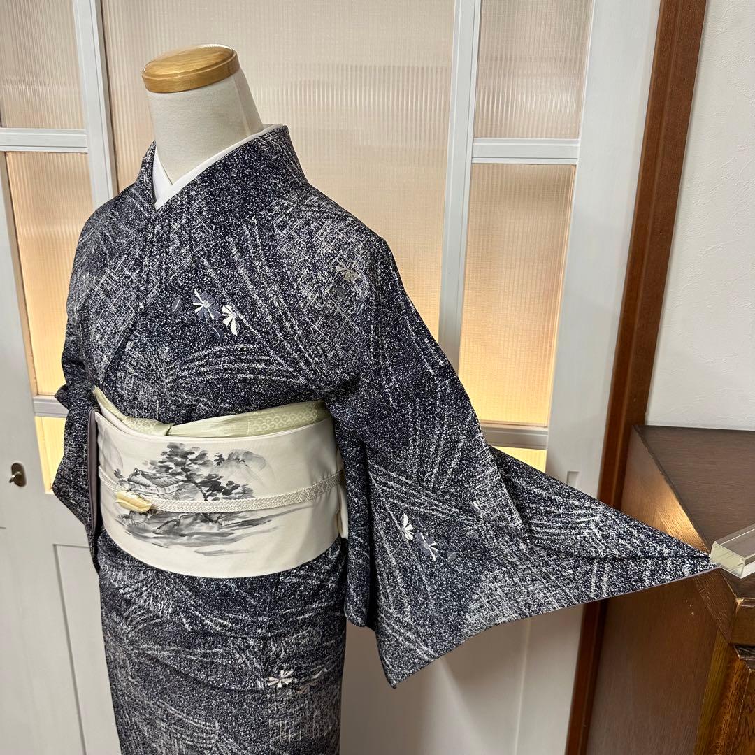 ち*こ様 小紋　袷　正絹　東京ますいわ屋　紺藍色×白　菊　幾何学　身丈165裄6
