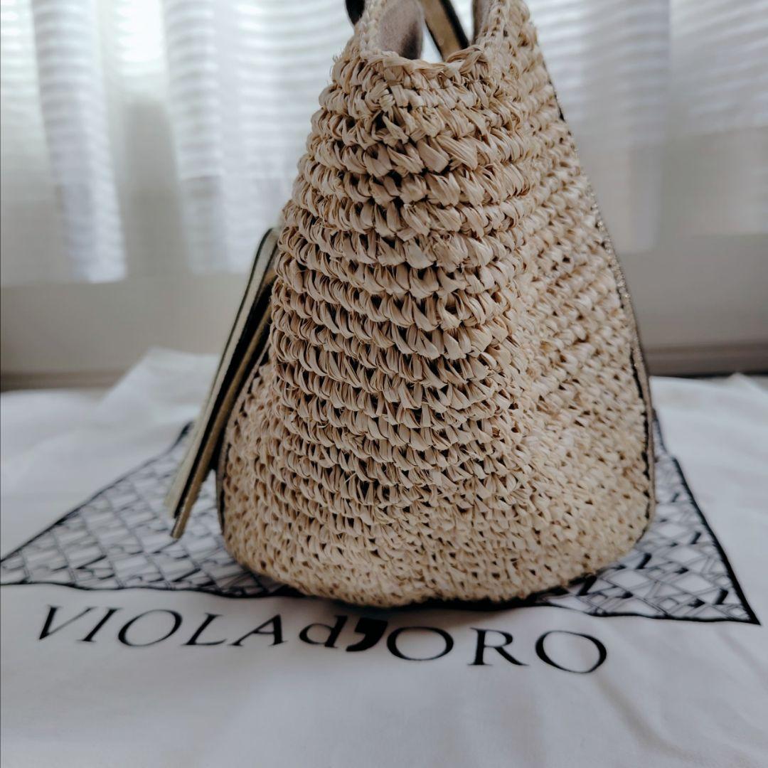 美品　ヴィオラドーロ ラフィアトートバッグ　カゴバッグ　牛革タッセル　保存袋