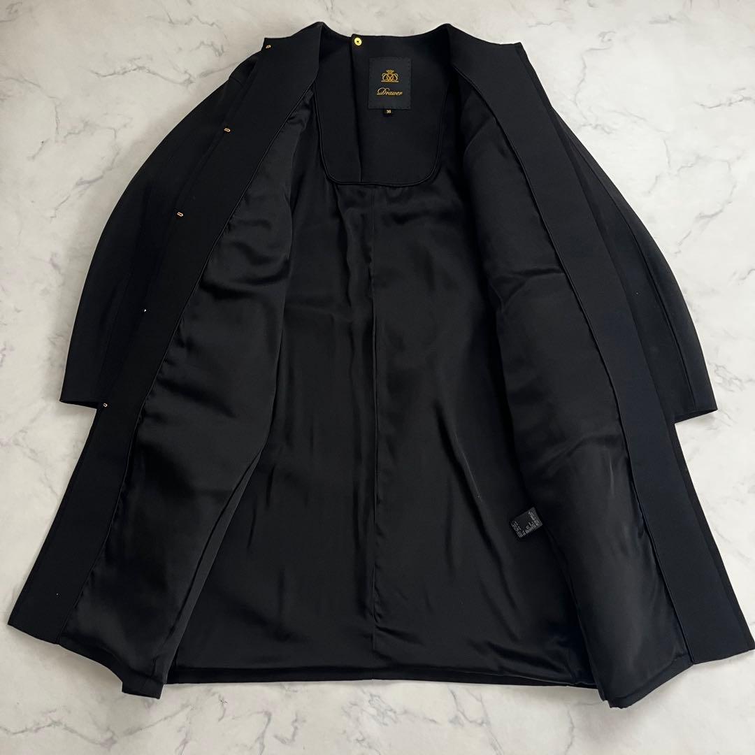 美品 ドゥロワー ウールシルクノーカラーコート バックリボン ブラック 36