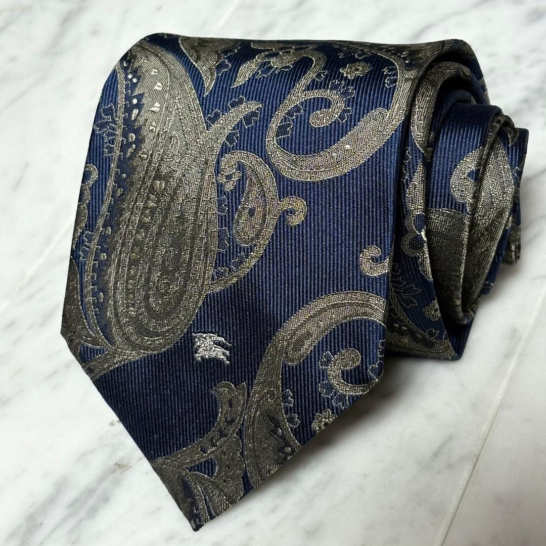 BURBERRY ネクタイ ネイビー グレー ペイズリー柄 ロゴ柄