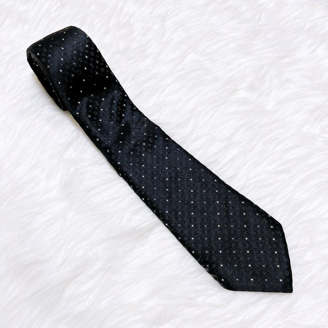 LOUIS VUITTON ブラック　ドット ネクタイ シルク　LVロゴ