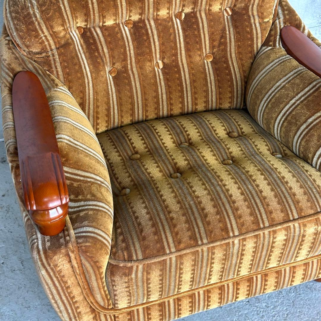 ★70s★昭和レトロ 応接ソファ｜純喫茶風 ストライプ ベロア 木肘アームチェア