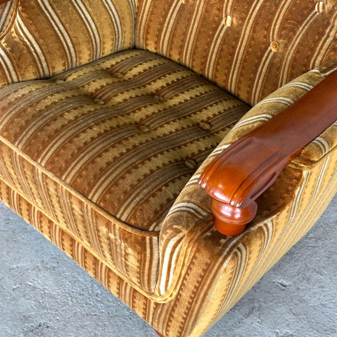 ★70s★昭和レトロ 応接ソファ｜純喫茶風 ストライプ ベロア 木肘アームチェア