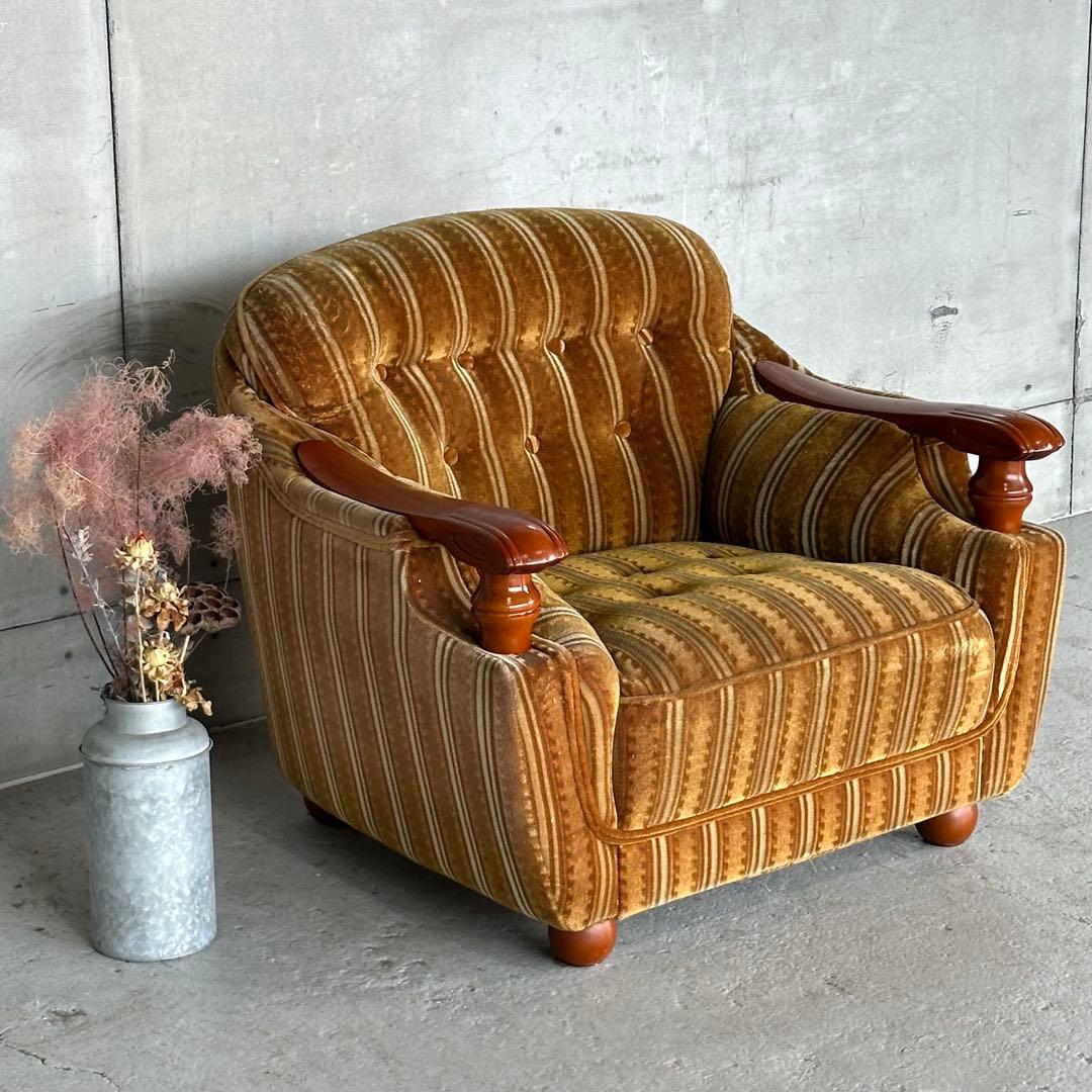★70s★昭和レトロ 応接ソファ｜純喫茶風 ストライプ ベロア 木肘アームチェア