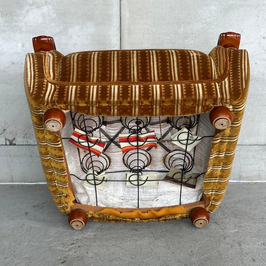 ★70s★昭和レトロ 応接ソファ｜純喫茶風 ストライプ ベロア 木肘アームチェア