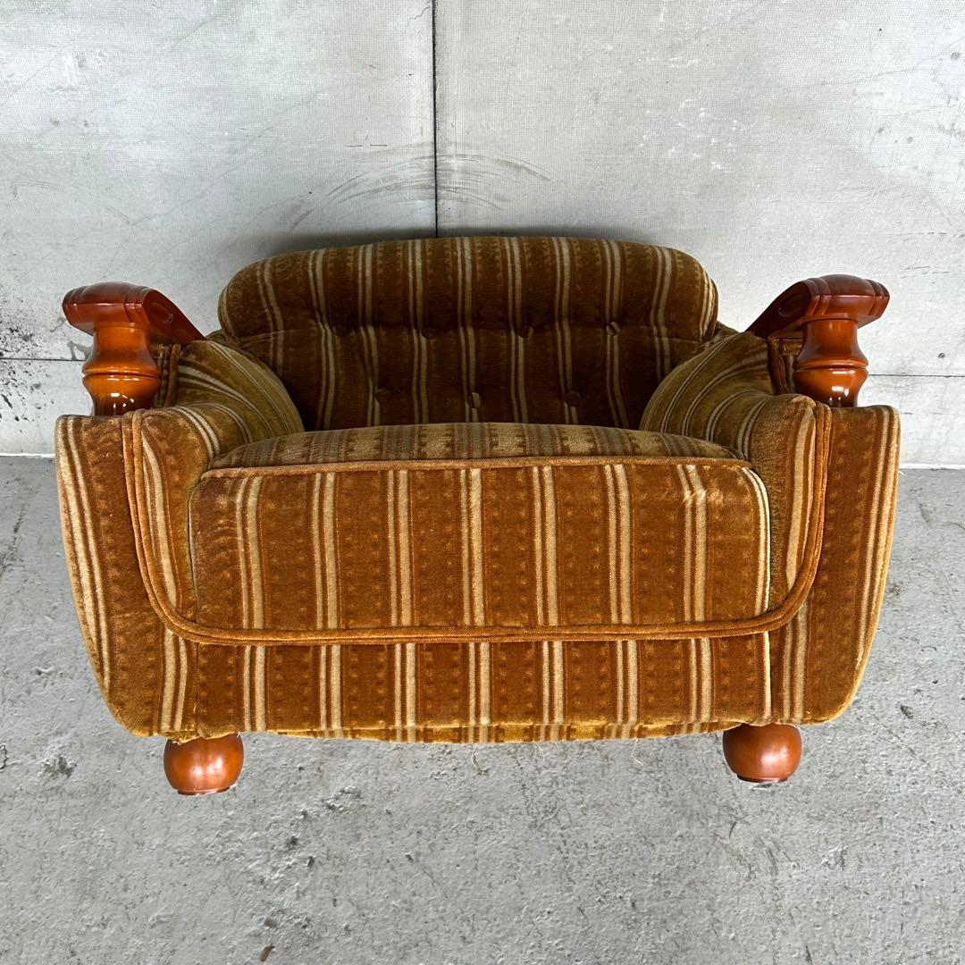 ★70s★昭和レトロ 応接ソファ｜純喫茶風 ストライプ ベロア 木肘アームチェア