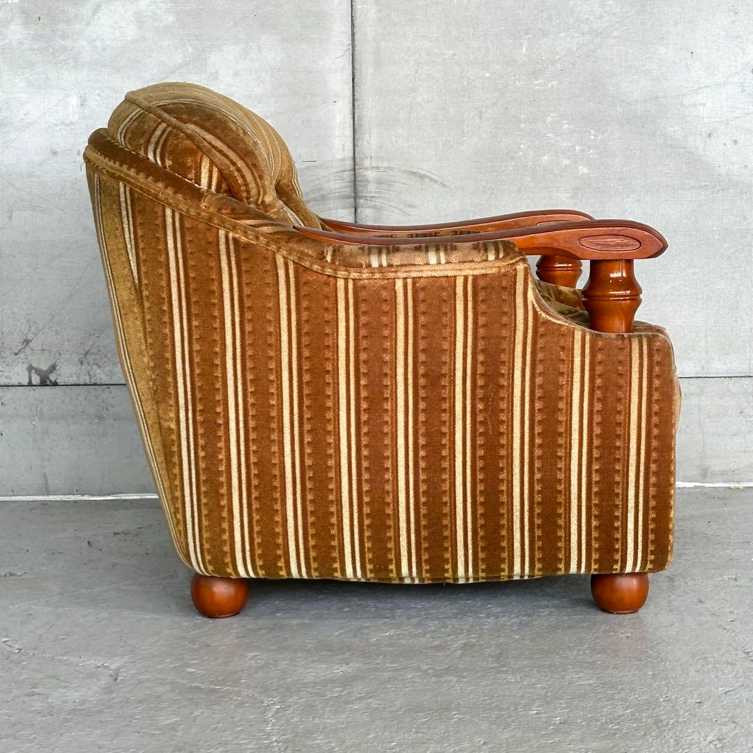 ★70s★昭和レトロ 応接ソファ｜純喫茶風 ストライプ ベロア 木肘アームチェア