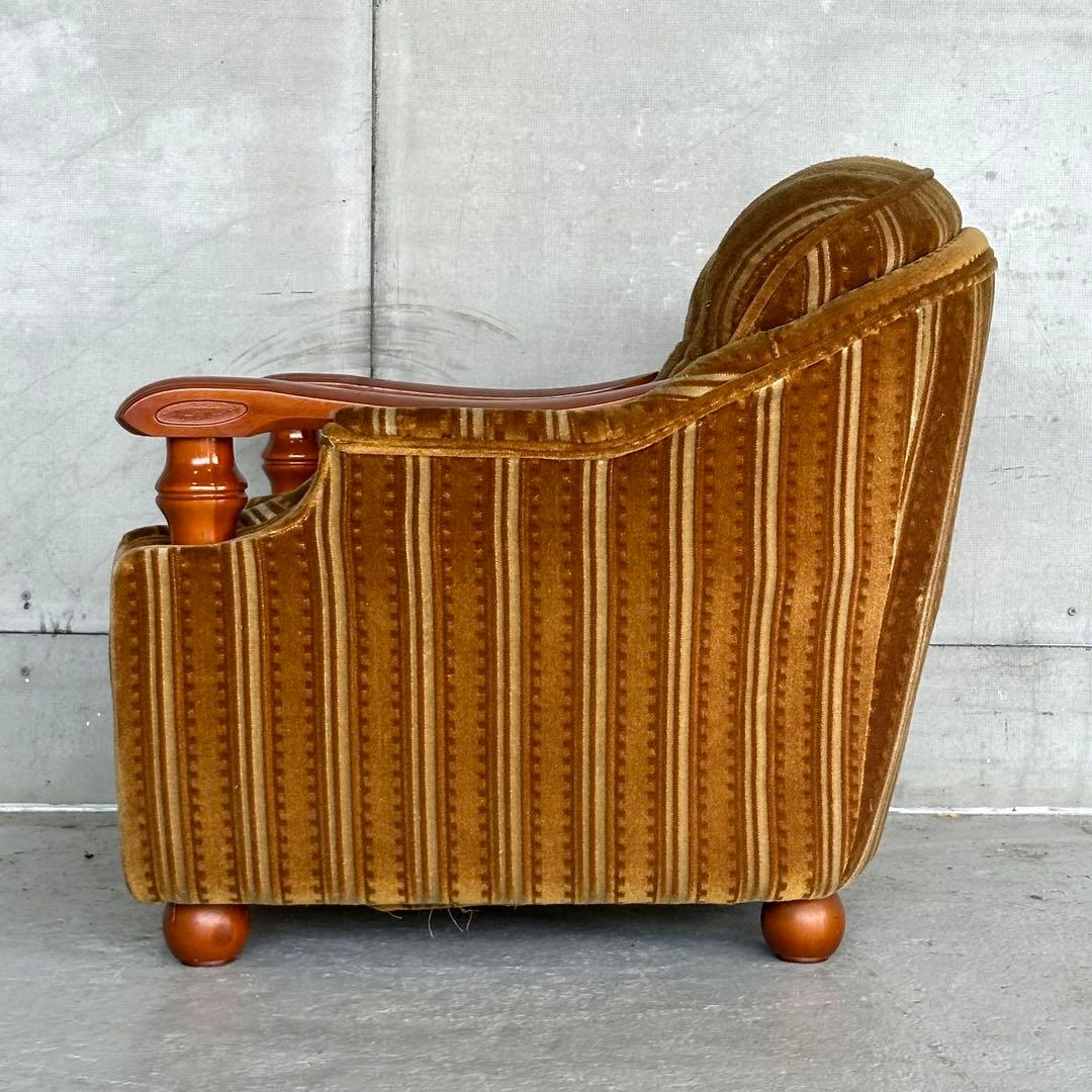 ★70s★昭和レトロ 応接ソファ｜純喫茶風 ストライプ ベロア 木肘アームチェア
