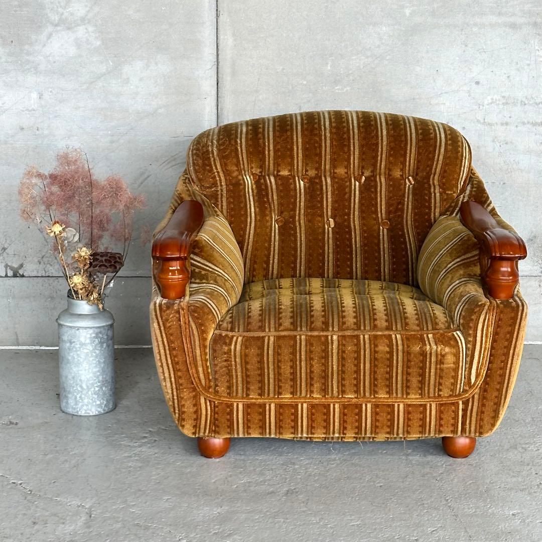 ★70s★昭和レトロ 応接ソファ｜純喫茶風 ストライプ ベロア 木肘アームチェア