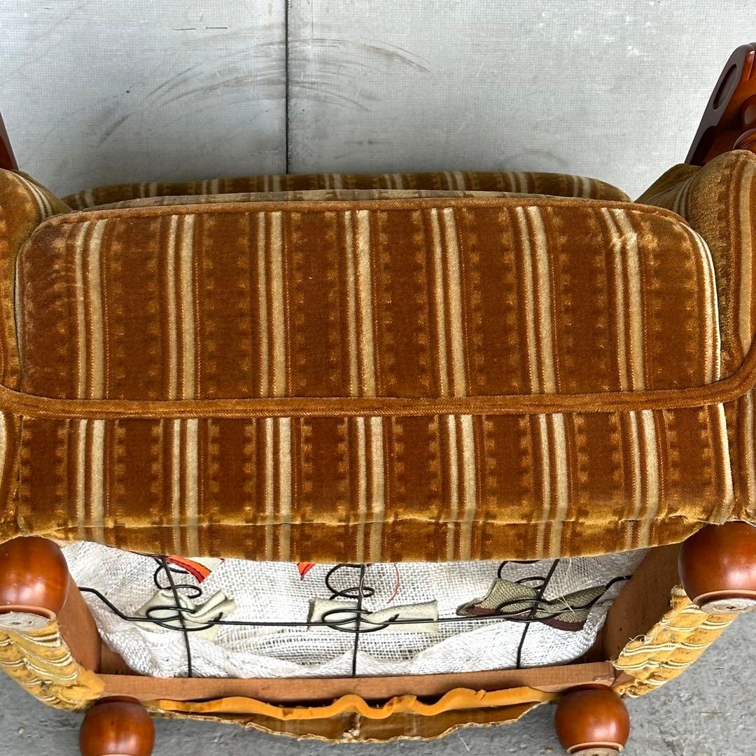 ★70s★昭和レトロ 応接ソファ｜純喫茶風 ストライプ ベロア 木肘アームチェア