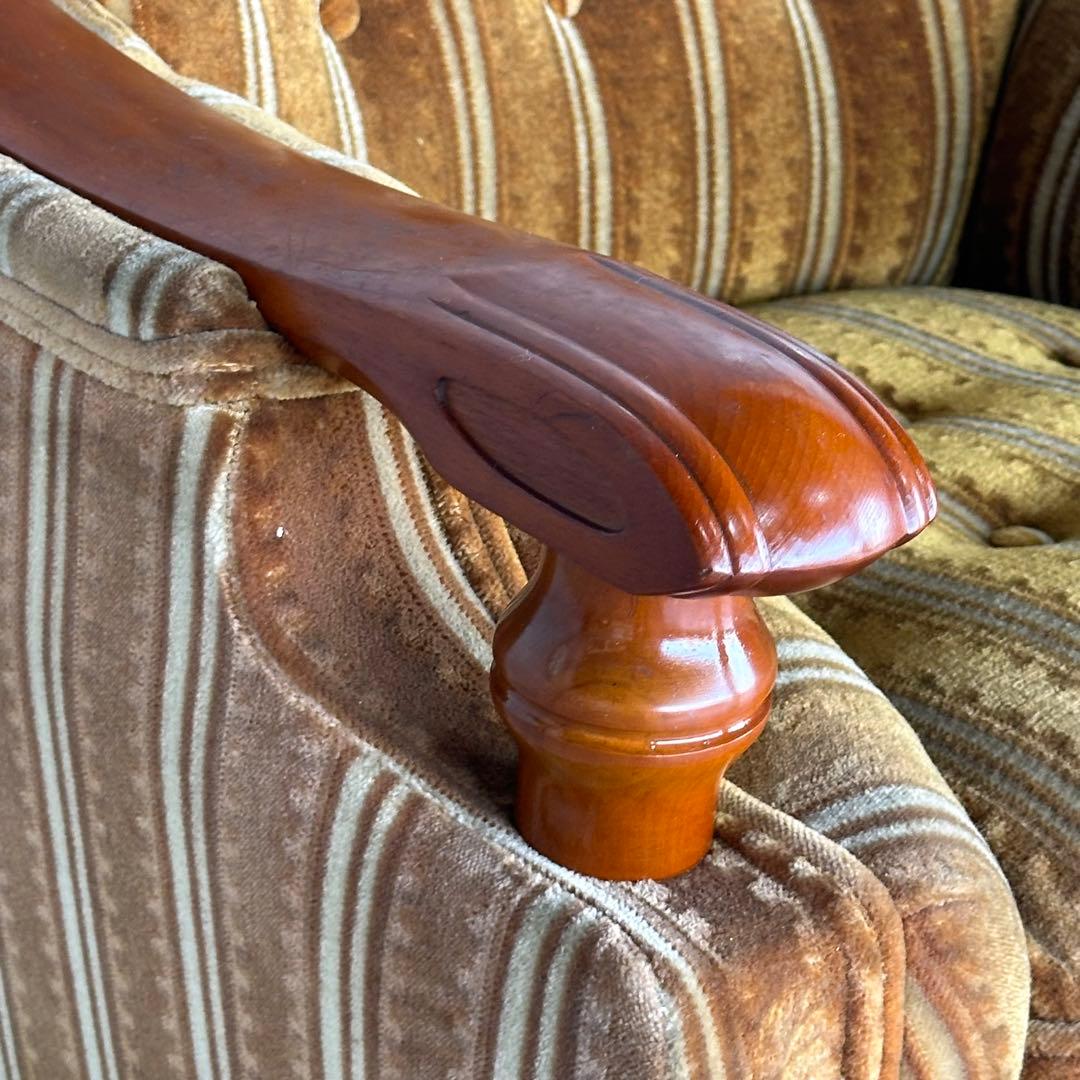 ★70s★昭和レトロ 応接ソファ｜純喫茶風 ストライプ ベロア 木肘アームチェア