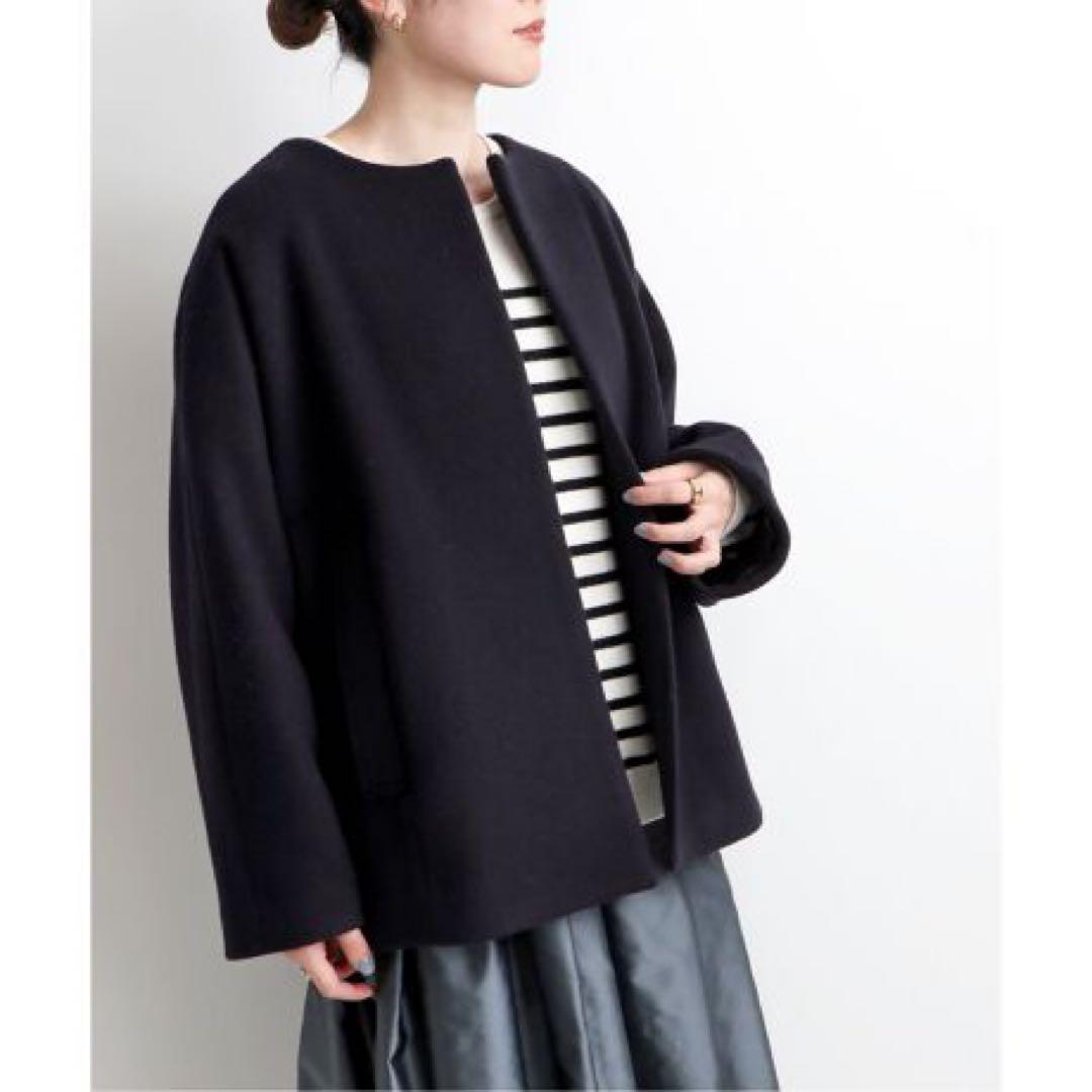 IENA ノーカラービーバーショートコート ネイビー 38