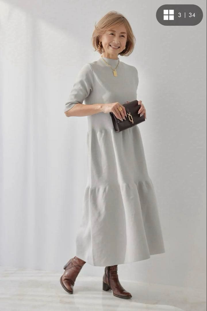 プラスオトハ ボトルネック ニットワンピース ライトグレー