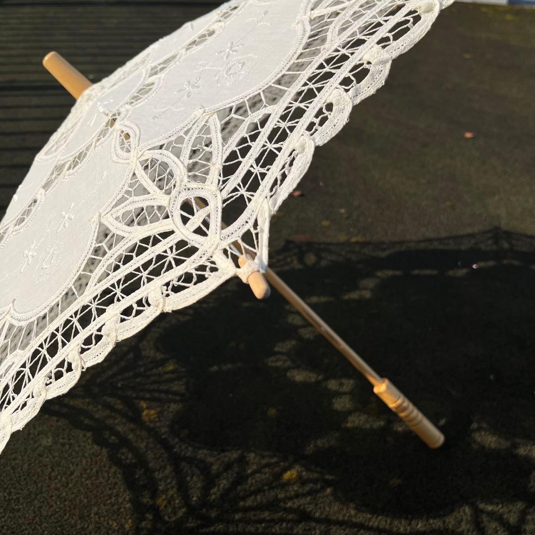 【未使用】ヴィンテージ アンティークレース長日傘/生成り木製