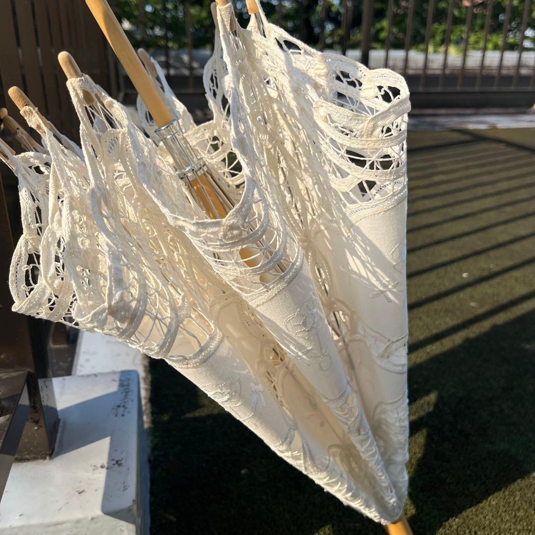 【未使用】ヴィンテージ アンティークレース長日傘/生成り木製