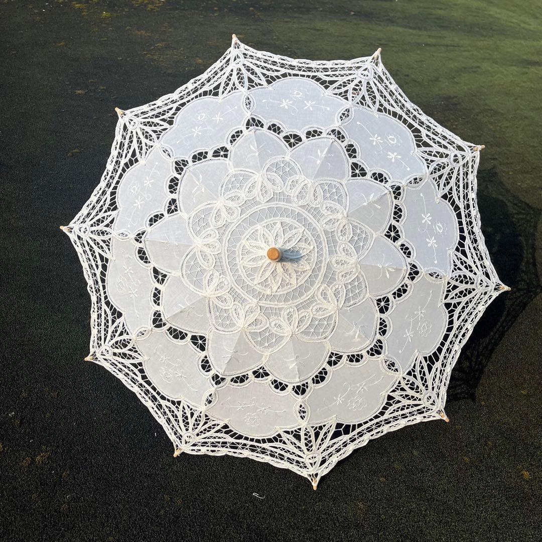 【未使用】ヴィンテージ アンティークレース長日傘/生成り木製