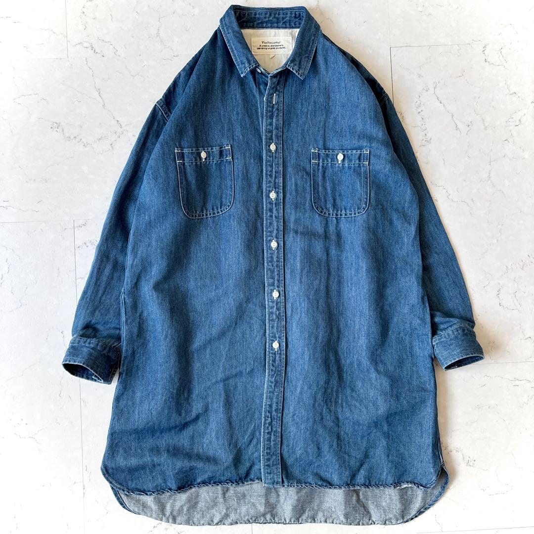 美品 ヴェリテクール 日本製 大き目 コットン リネン デニムシャツ ワンピース