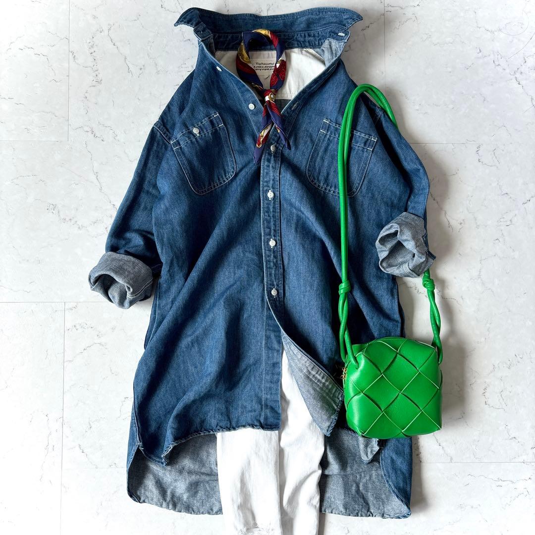 美品 ヴェリテクール 日本製 大き目 コットン リネン デニムシャツ ワンピース