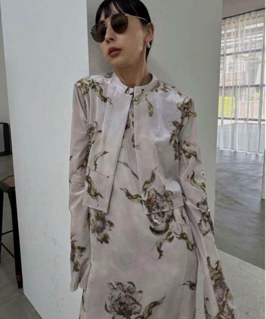 AMERI ドライフラワーベロアドレス　花柄　ロングドレス　長袖