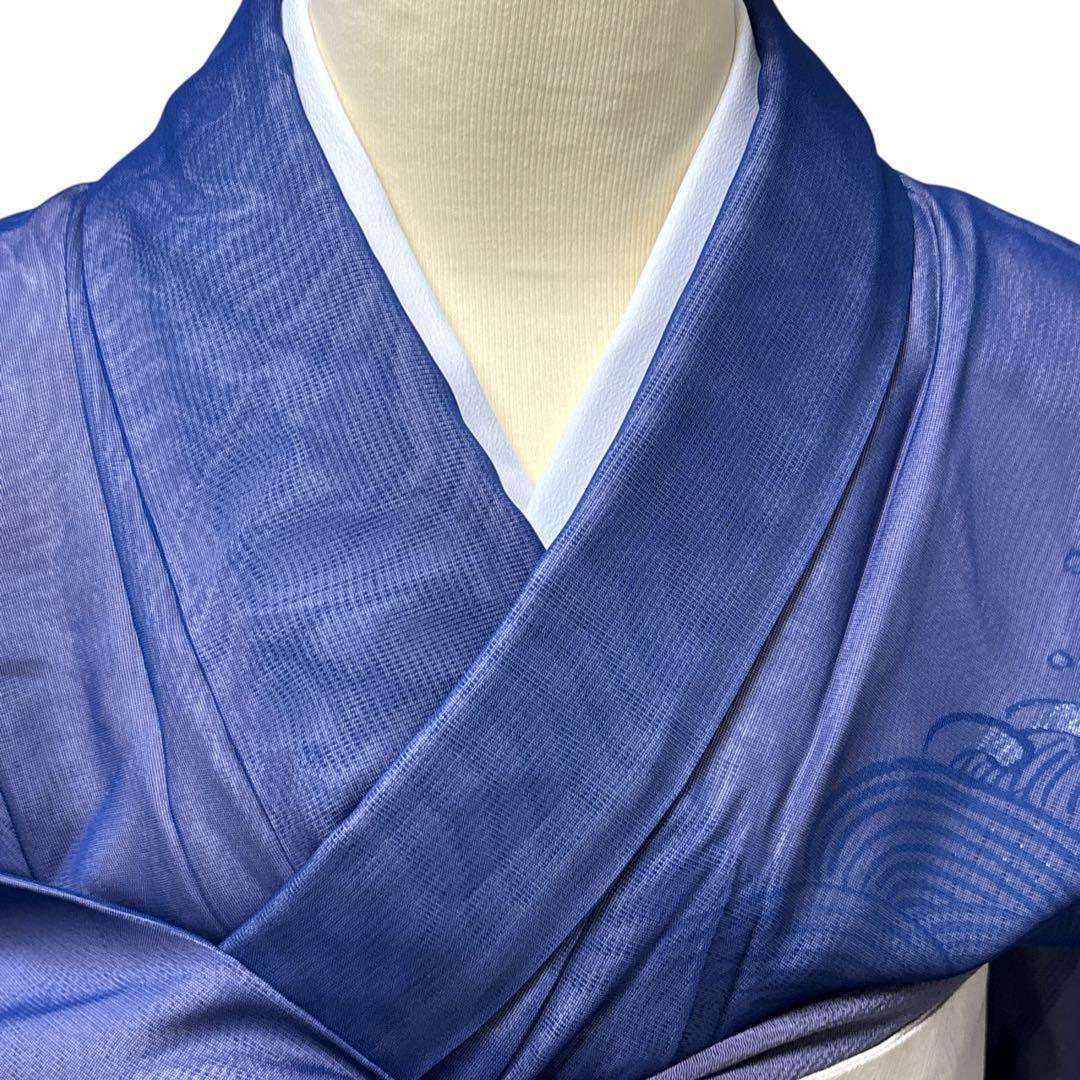 A69愛華 夏着物 二重紗　紺　波模様　刺繍　美品