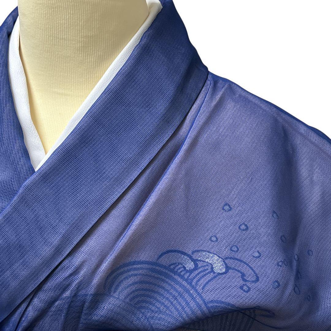 A69愛華 夏着物 二重紗　紺　波模様　刺繍　美品