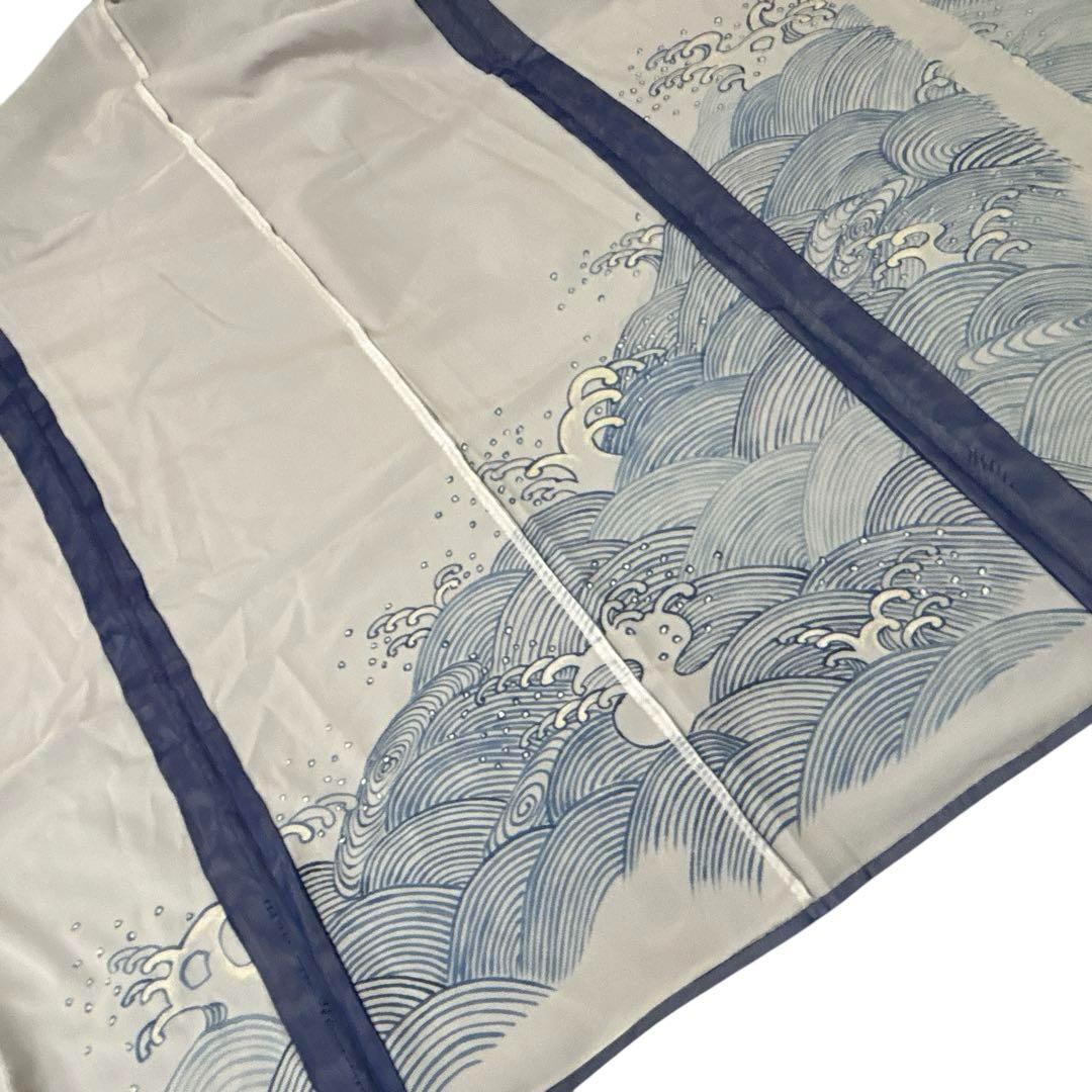 A69愛華 夏着物 二重紗　紺　波模様　刺繍　美品