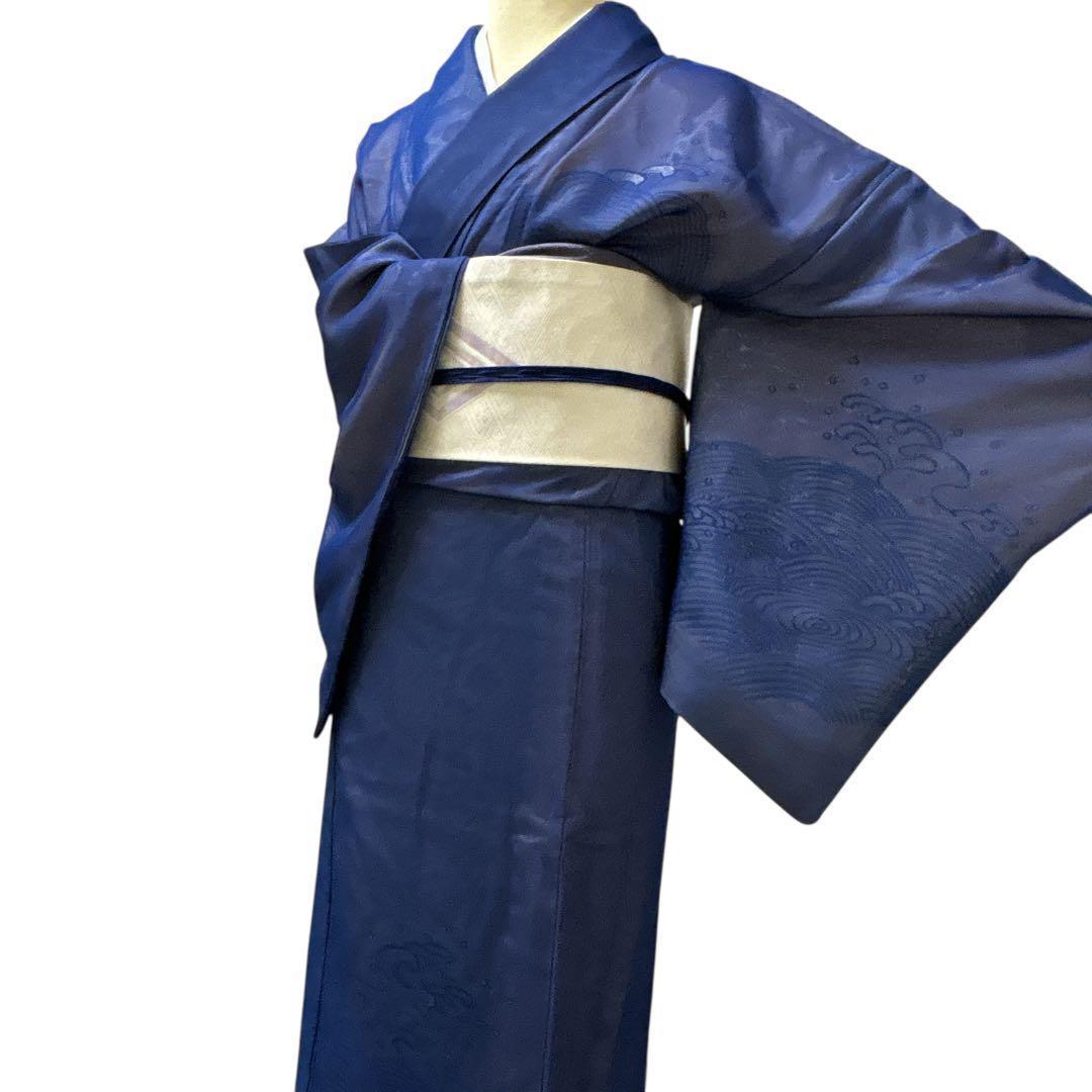 A69愛華 夏着物 二重紗　紺　波模様　刺繍　美品