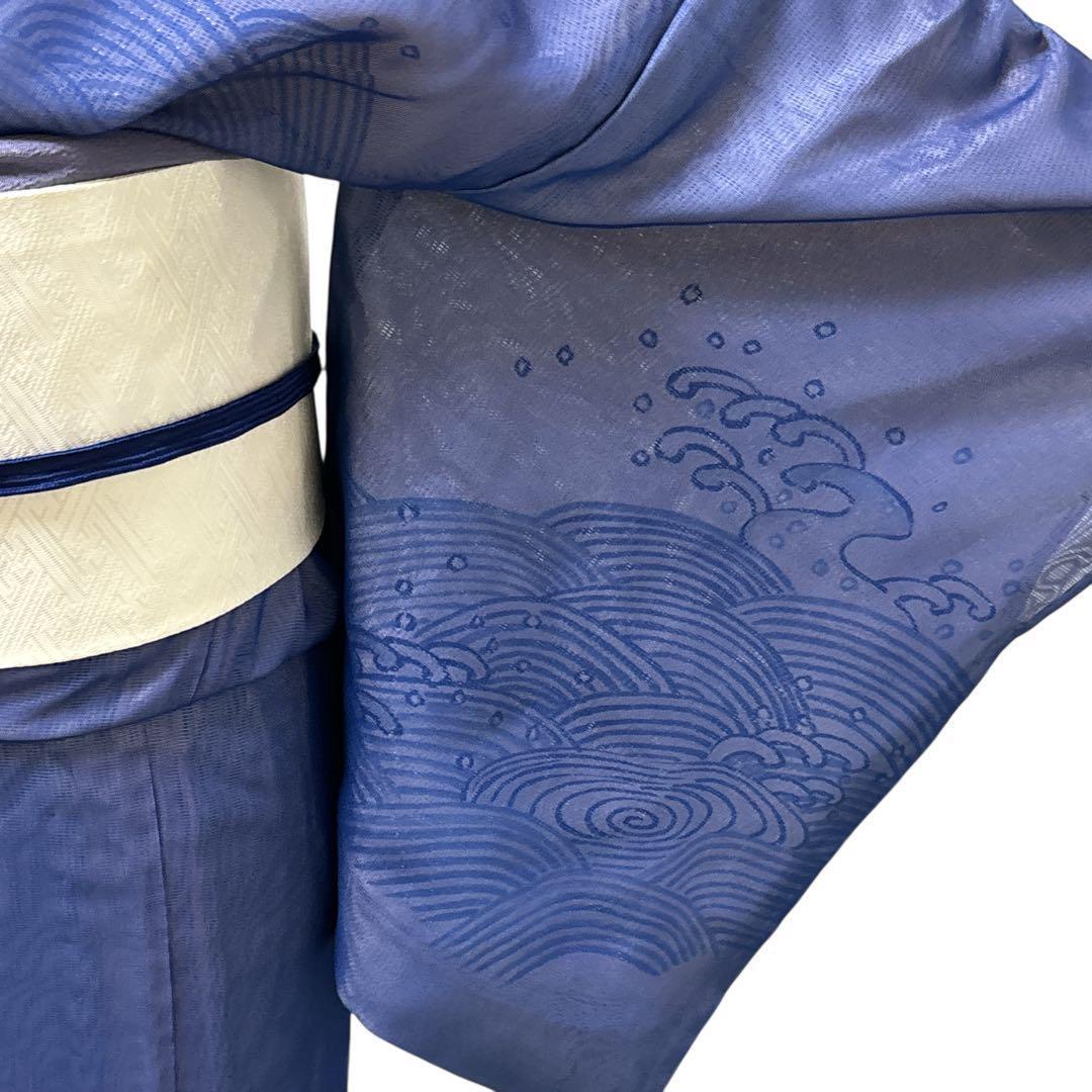 A69愛華 夏着物 二重紗　紺　波模様　刺繍　美品