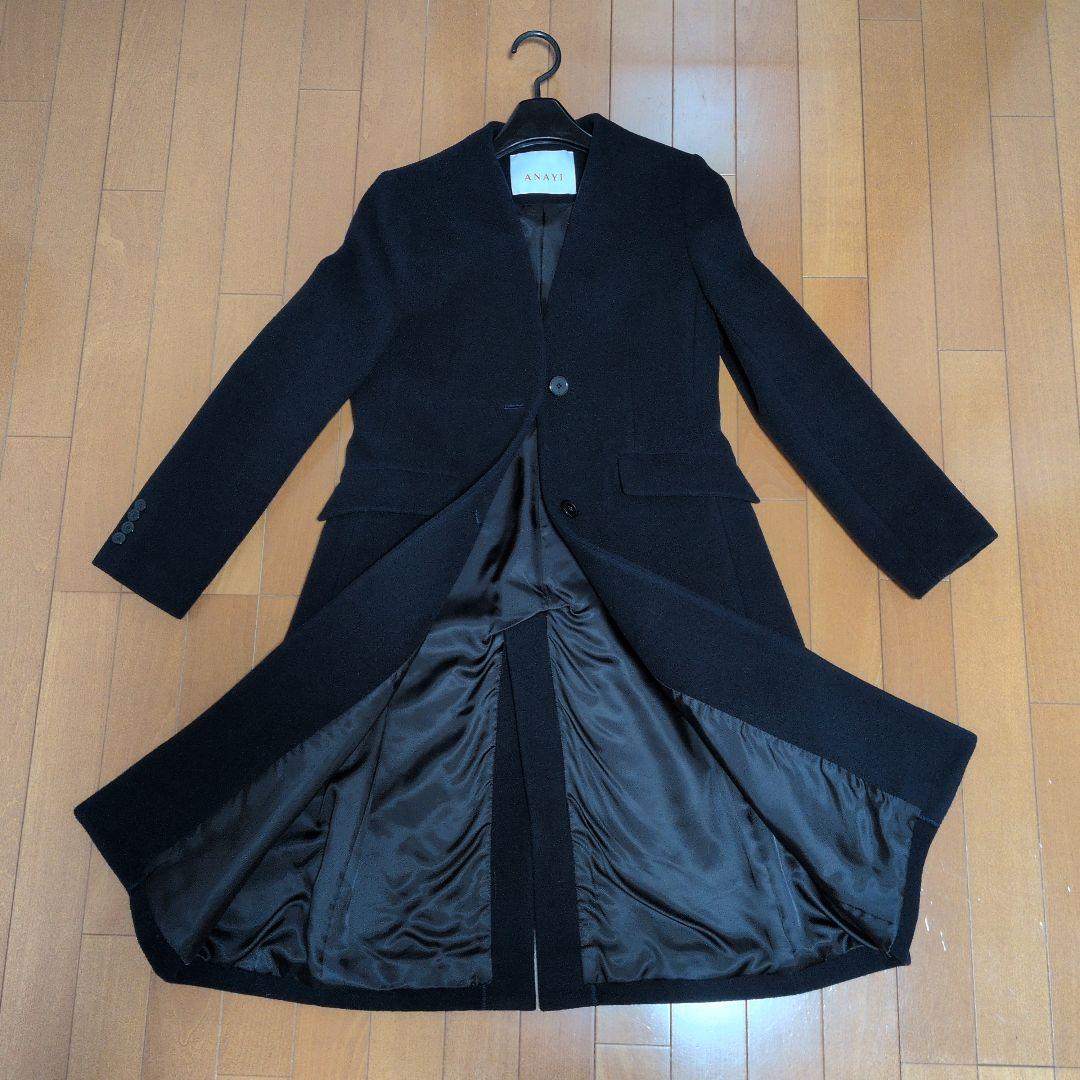 アナイ ANAYI ライトビーバーVカラーコート ノーカラー 36 ネイビー