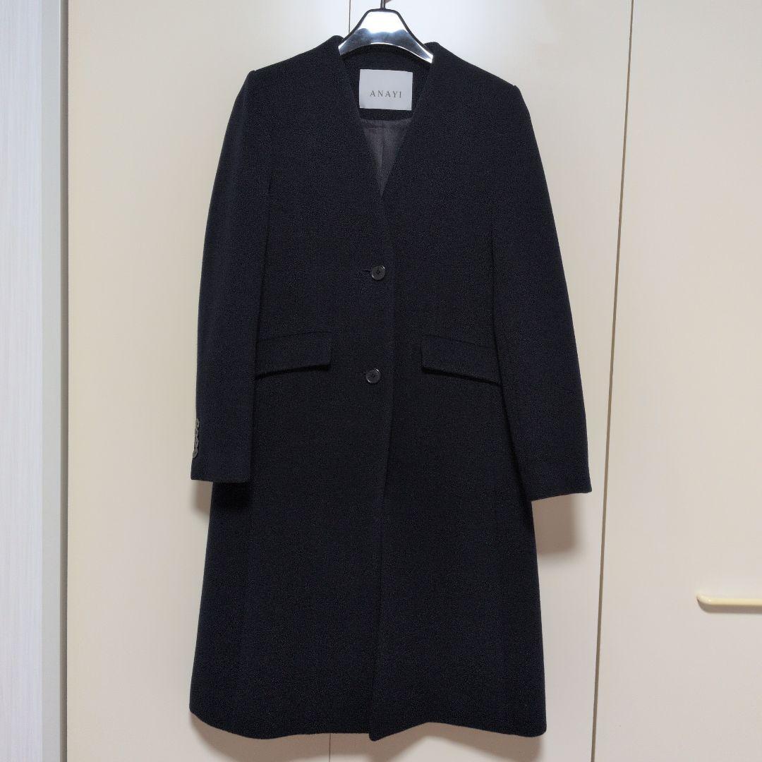 アナイ ANAYI ライトビーバーVカラーコート ノーカラー 36 ネイビー