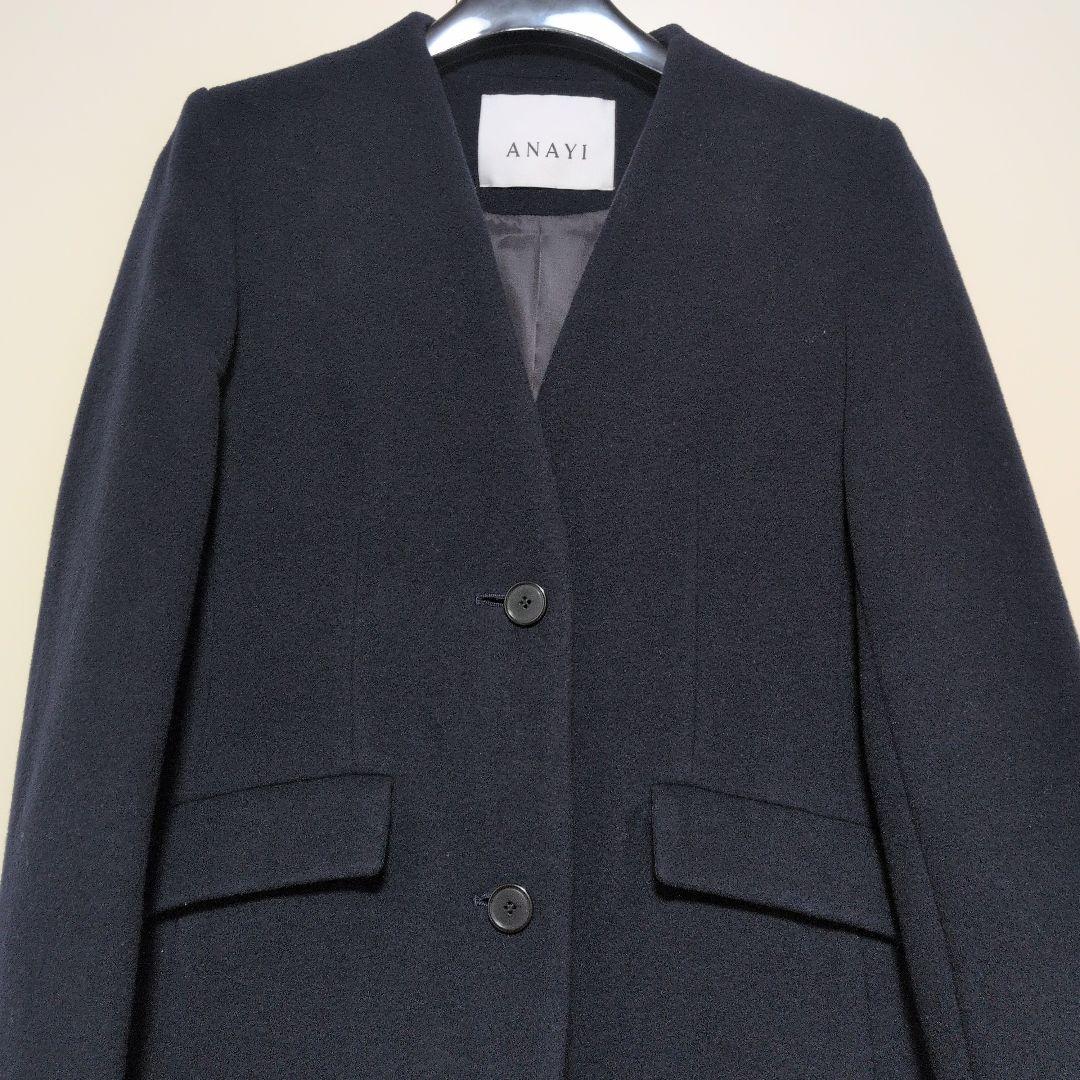 アナイ ANAYI ライトビーバーVカラーコート ノーカラー 36 ネイビー