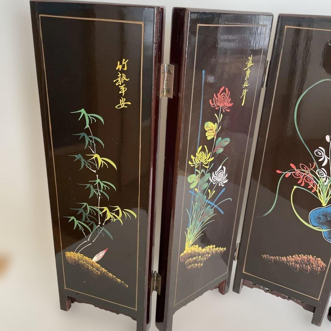 木製 花柄 屏風 ミニ衝立て 中国インテリア　置き物　約60.5㎝×45.5㎝