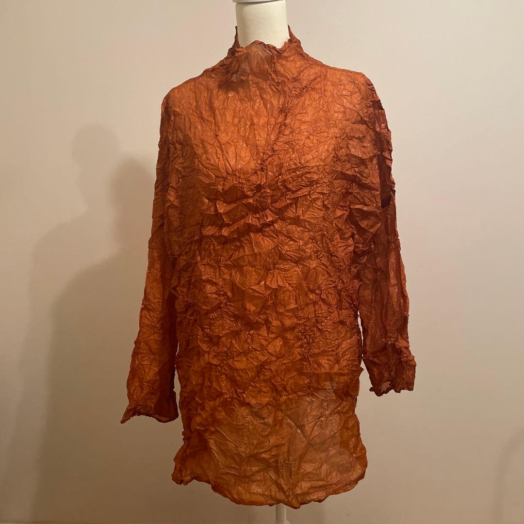 イッセイミヤケ　シルク100%オレンジ しわ加工 長袖チュニック