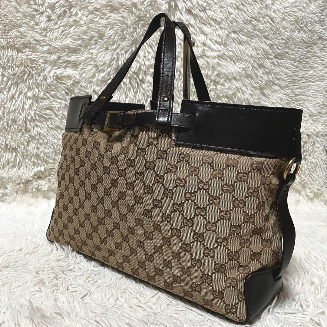 【良品】GUCCI グッチ　トートバッグ　キャンバス　レザー　大容量　GG柄