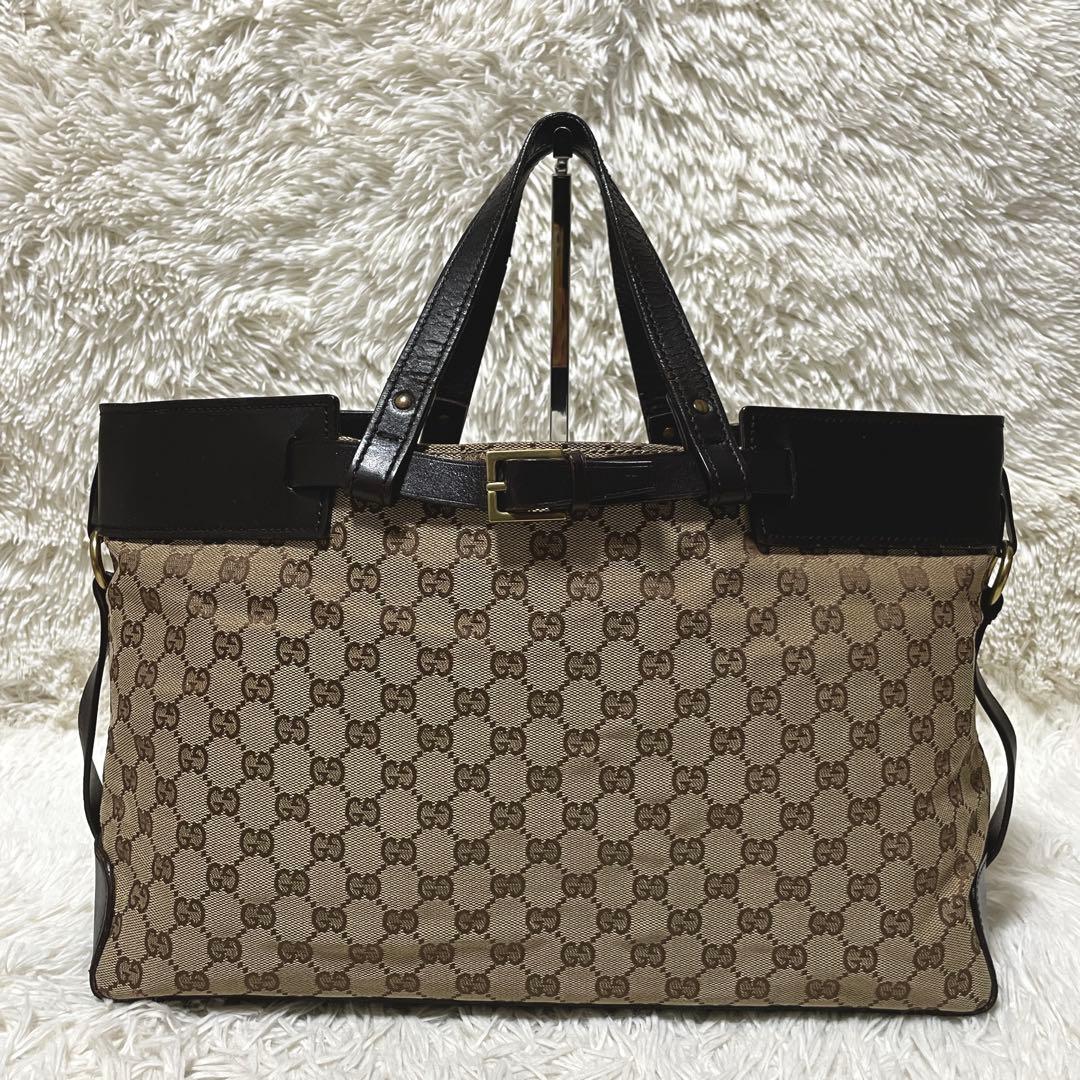 【良品】GUCCI グッチ　トートバッグ　キャンバス　レザー　大容量　GG柄
