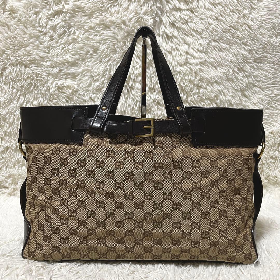 【良品】GUCCI グッチ　トートバッグ　キャンバス　レザー　大容量　GG柄