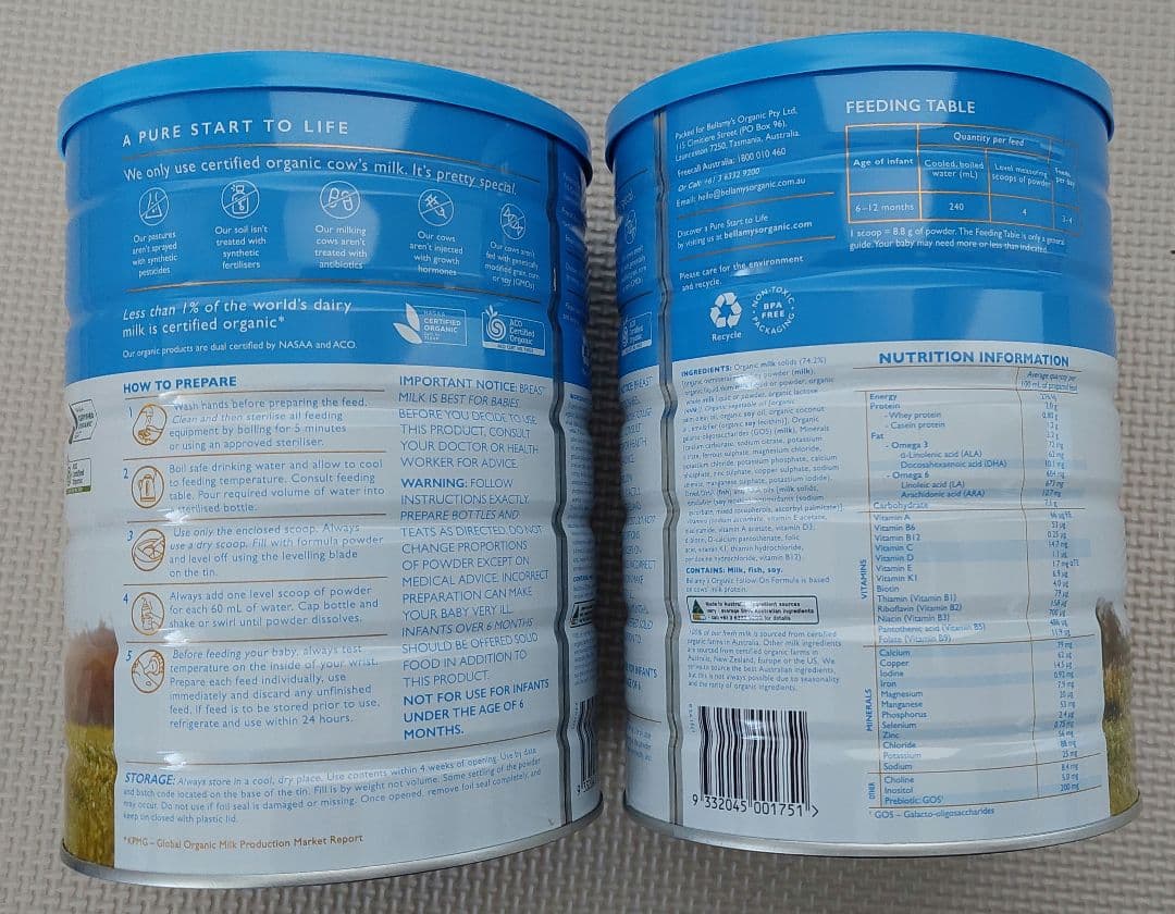 送料無料：赤ちゃん安全のBellamysベラミーズ・オーガニック牛ミルク2缶