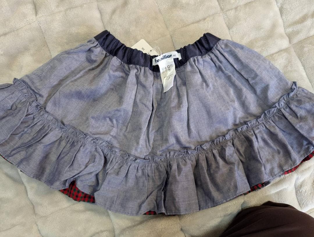 【未使用、タグ付】familiar チェックスカート★リバーシブル 赤・デニム